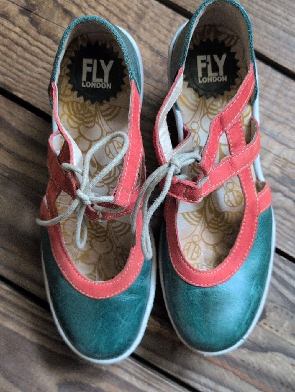 FLY London Teal + Coral Mary Jane Wedges - Picture 7 of 8